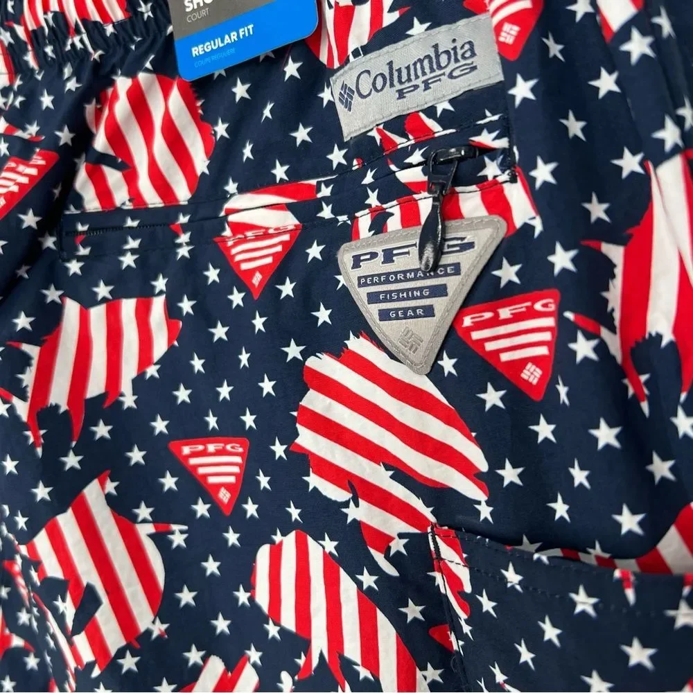 NWT Columbia PFG Clearwater Shores Patriotic Fish 6” Swim Trunks Shorts Medium